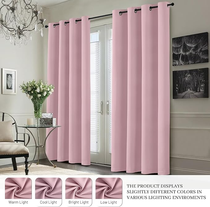 Yakamok 100% Blackout Curtain Panels 84 inches Cold and Light Blocking Drapes for Nursery, 2 Thick Layers Thermal Insulated Draperies (2 Pieces, 40 Wide Each Panel, Pink Front with White Backing)