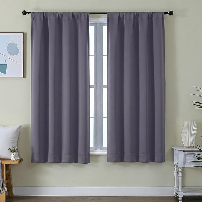 Simplebrand Ava Greyish Purple Blackout Curtains for Bedroom 63 Inch Length 2 Panels Set, Privacy Thermal Insulated Rod Pocket Door Window Curtains for Patio French Door Front Door, W40 x L63 Inch