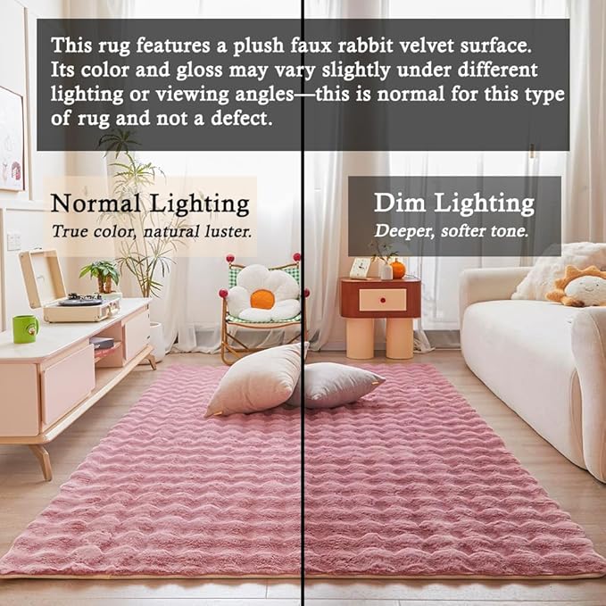 Pink Rabbit Plush Rug 5'x8', Fluffy Faux Fur Shaggy Area Rug for Nursery, Kids Room Decor, Soft Fuzzy Carpet for Living Room, Bedroom, Teen Girls Room