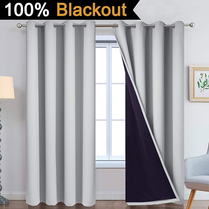 Yakamok 84 Inch Long 100% Blackout Curtains for Bedroom, 2 Thick Layers Thermal Insulated Grommet Total Blackout Drapes with Black Liner for Living Room (52Wx84L,Light Grey, 2 Panels)