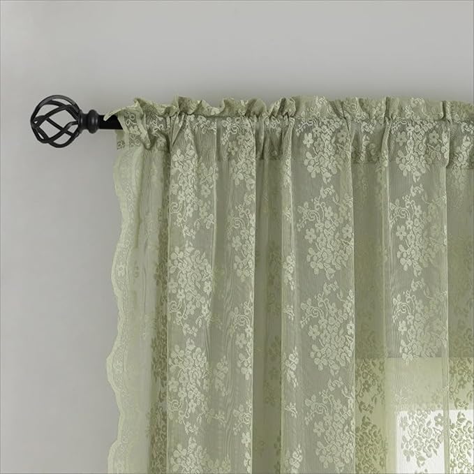 YJ YANJUN Vintage Lace Curtains 120 Inch Length-Victorian Floral Pattern Sage Green Sheer Curtains for Big Window 10 FT Tall Spring Bohemian Cottage Core Decor 52 x 120 Inch Sage 2 Panels