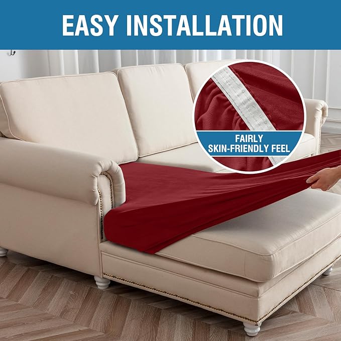 Couch Cover 8-Piece Elastic Velvet Couch Cushion Covers & Chaise Slipcovers for L-Shaped Sofas, Sofa Seat Covers Washable, Soft Cover for Couches (7 Seater + Chaise, Christmas Red)