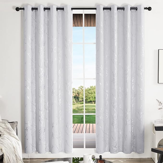 Deconovo Greyish White Curtains, Room Darkening Curtain, Thermal Insulated Soundproof Drapes, Silver Branch Print, 52 x 95 Inch Long, Grommet Window Panels for Living Room Bedroom Nursery, Set of 2