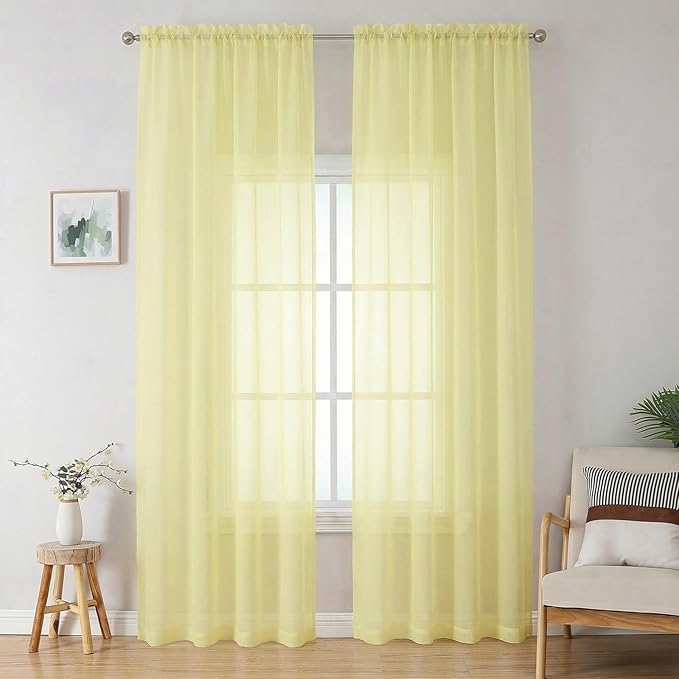OWENIE Sheer Curtains 96 inches Long 2 Panels Set for Living Room/Bedroom, Rod Pocket Voile Sheer Panel Drapes, Airy Soft Fabric Window Treatments, 2pcs, Each 42" W x 96" L, Light Yellow