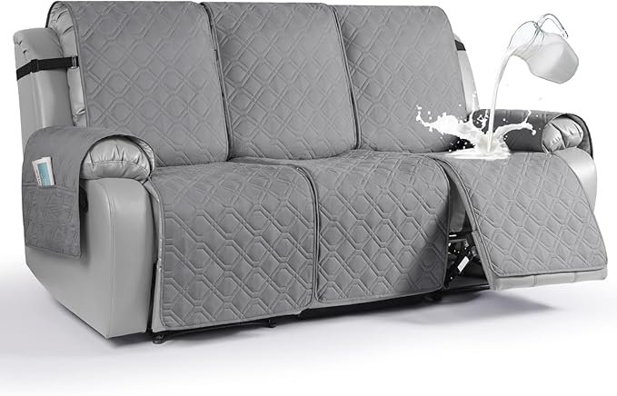 VANSOFY Waterproof Recliner Couch Covers, Sofa Covers 1-Piece Washable Reclining Sofa Cover Non-Slip Furniture Protector with Elastic Straps Pocket for Dogs, Pets(Light Gray,3 Seater)