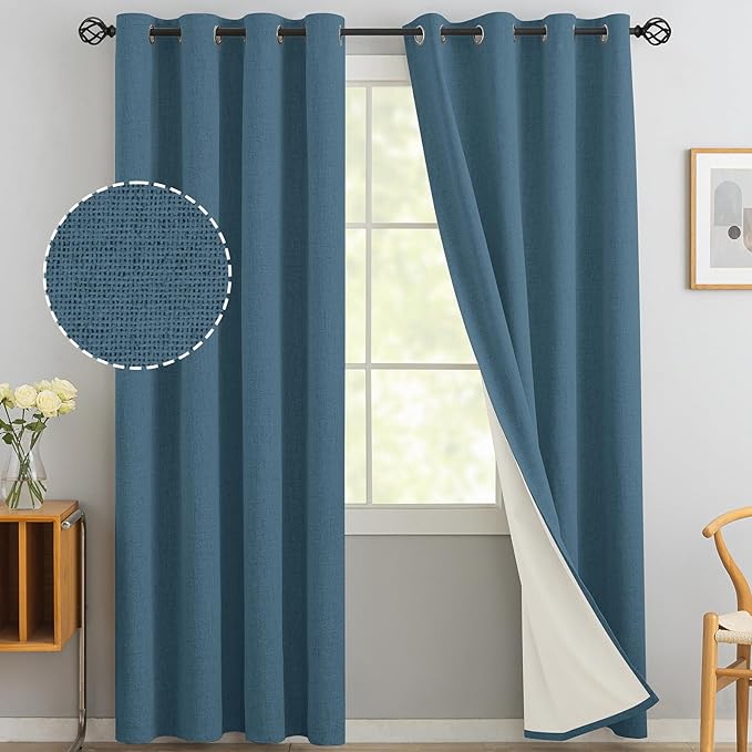 Yakamok Dusty Blue Linen Curtains 100% Blackout 90 Inches Long,Room Darkening Textured Curtains for Living Room Thermal Grommet Bedroom Curtain 2 Panels with White Liner