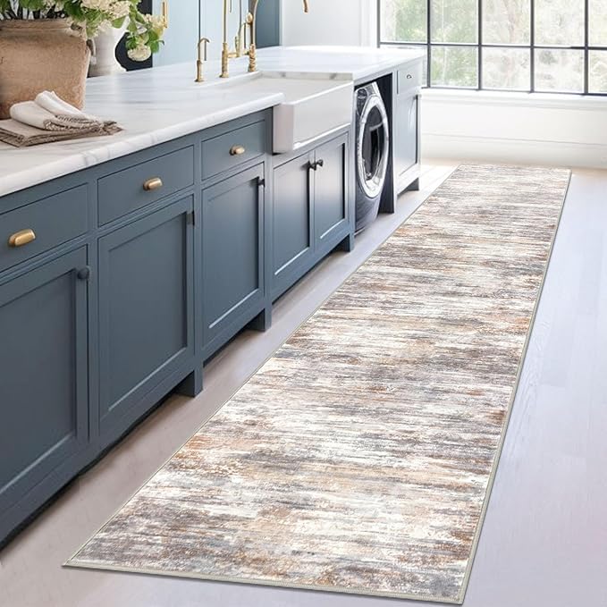 KOZYFLY Modern Abstract Washable Rug Runner 2.6x12 Hallway Rug Runner Non-Slip Soft Kitchen Runner Rugs, Multi Grey/Orange Striped Carpet for Entryway Bathroom