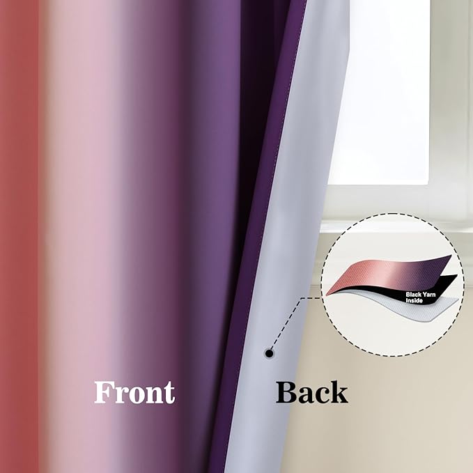 Yakamok Blackout Ombre Dark Pink and Dark Purple Curtains-Gradient Room Darkening Curtain, Grommet Thermal Insulated Light Blocking Window Drapes/Curtains for Living Room Bedroom,52 x 84 Inch,2 Panels