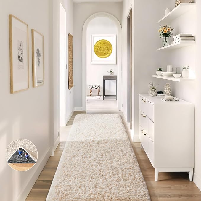 Ophanie Runner Rug for Hallway, 2x5 Upgrade Non-Slip Fluffy Soft Bedside Rugs, Bedroom Living Room Ivory Shaggy Carpet for Kids Girls Boys Dorm Nursery Home Decor Aesthetic