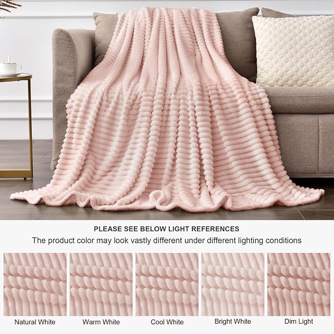 BEDELITE Fleece Throw Blanket for Couch – 3D Ribbed Jacquard Soft and Warm Decorative Fuzzy Blanket – Cozy, Fluffy, Plush Lightweight Light Pink Throw Blankets for Bed, Sofa, 50x60 inches
