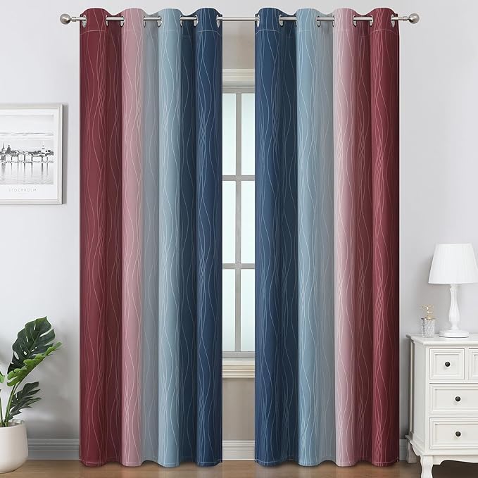 Estelar Textiler Burgundy Red and Navy Blue Ombre Blackout Curtains 84 Inches Long for Living Room, Energy Saving Thermal Insulated Room Darkening Grommet Window Drapes for Bedroom, 52Wx84L, 2 Panels