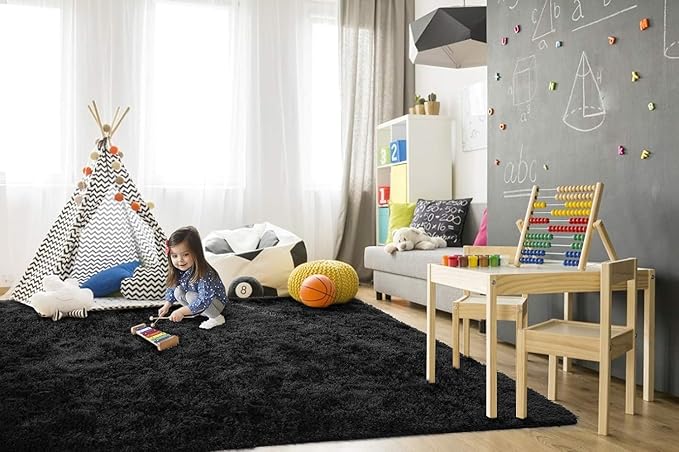 TWINNIS Super Soft Shaggy Rugs Fluffy Carpets,7x10 Feet, Indoor Modern Plush Area Rugs for Living Room Bedroom Kids Room Nursery Home Decor, Upgrade Anti-Skid Rectangular Fuzzy Rug, Black