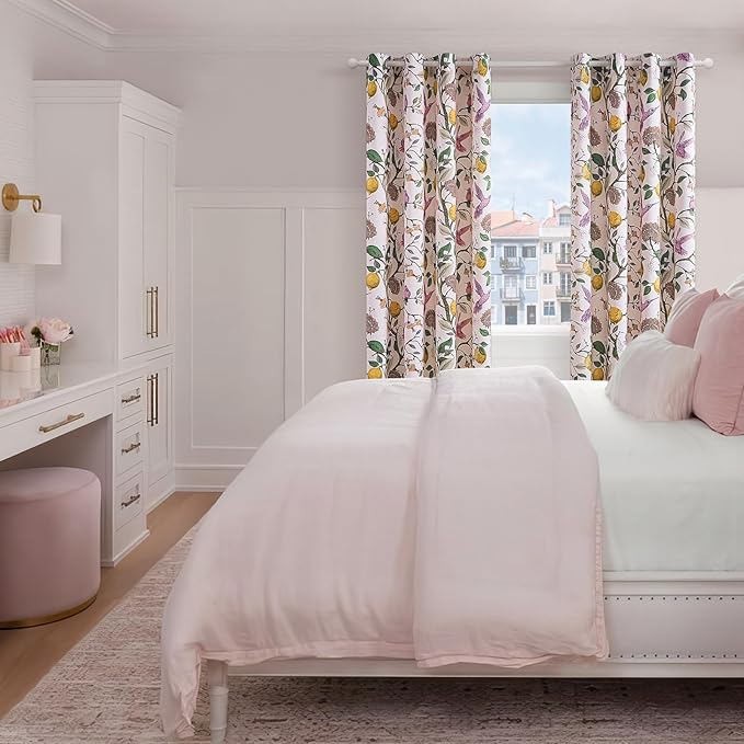 Topfinel Pink Blackout Window Curtains 72 Inch Length 2 Panels for Girls Bedroom, Spring Light Pink Cute Fancy Cottage Core Princess Floral Hummingbird Patterned Grommet Blush Pink Curtains Nursery