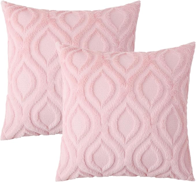 decorUhome Summer Throw Pillow Covers 16x16 Inch Set of 2, Soft Plush Faux Wool Light Pink Solid Couch Pillow Covers, Accent Farmhouse Neutral Square Pillow Cases for Sofa Bed Living Room