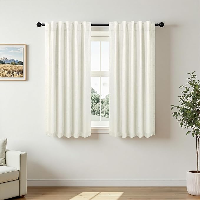 Pitalk Short Curtains for Windows Bathroom Blackout Linen Boho Back Tab Pocket Pleated Dark Out Cafe Curtains for Bedroom Door Doorway 45 Inch Length 2 Panels Set Cream Off White Wide 38 x 45 in Long