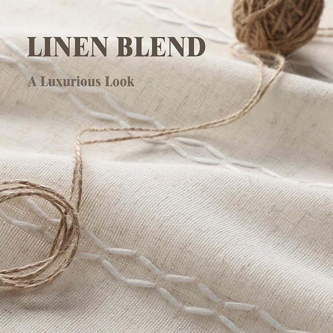 Boho 80% Blackout Curtains with Gray Liner 84 Inches Long 2 Panels Set, Beige Linen Blend Drapes with Tassels and Cotton Embroidered for Living Room Bedroom