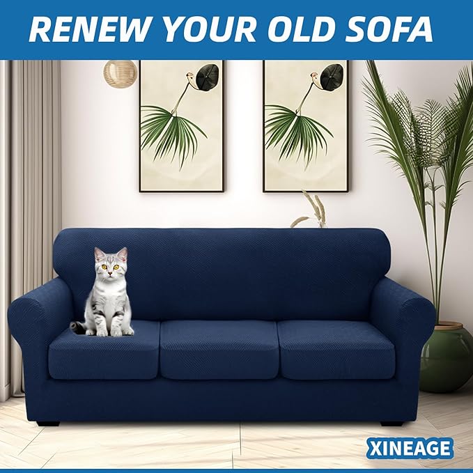 XINEAGE 2026 New 4 Pieces Extra Large Couch Covers for 3 Cushion Sofa Super Stretch Sofa Cover for 3 Large Seat Cushion Universal Slip Cover for Living Room (Navy Blue), 91"-110"(3 Cushions)