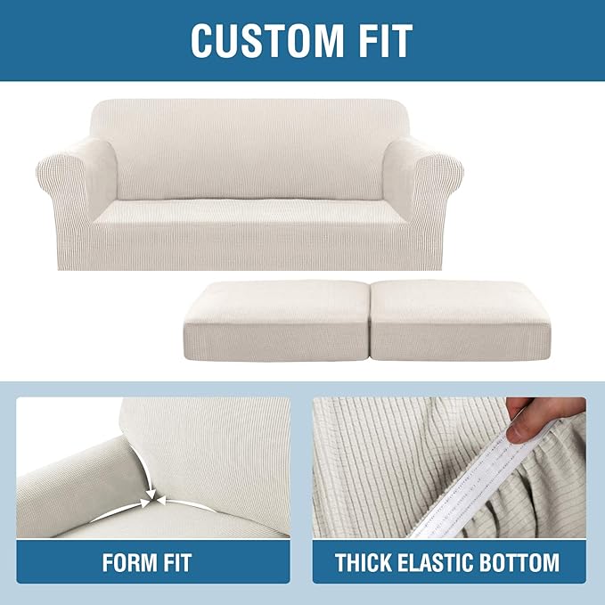 H.VERSAILTEX 3 Piece Stretch Sofa Covers for 2 Cushion Sofa Couch Covers for Living Room Sofa Slipcovers (Base Cover Plus 2 Seat Cushion Covers) Thicker Jacquard Fabric(Large Sofa, Ivory)