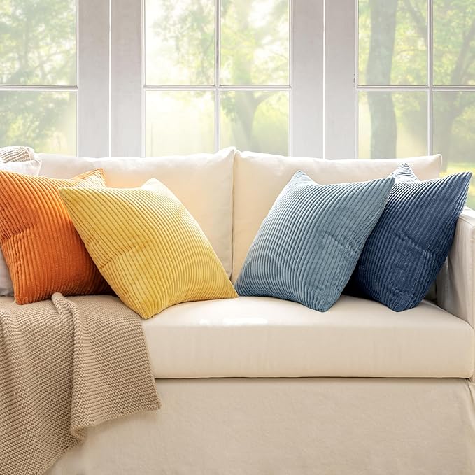 MIULEE Pack of 4 Blue-Orange Corduroy Decorative Throw Pillow Covers 18x18 Inch Soft Boho Striped Pillow Covers Modern Farmhouse Home Decor for Summer Sofa Living Room Couch Bed