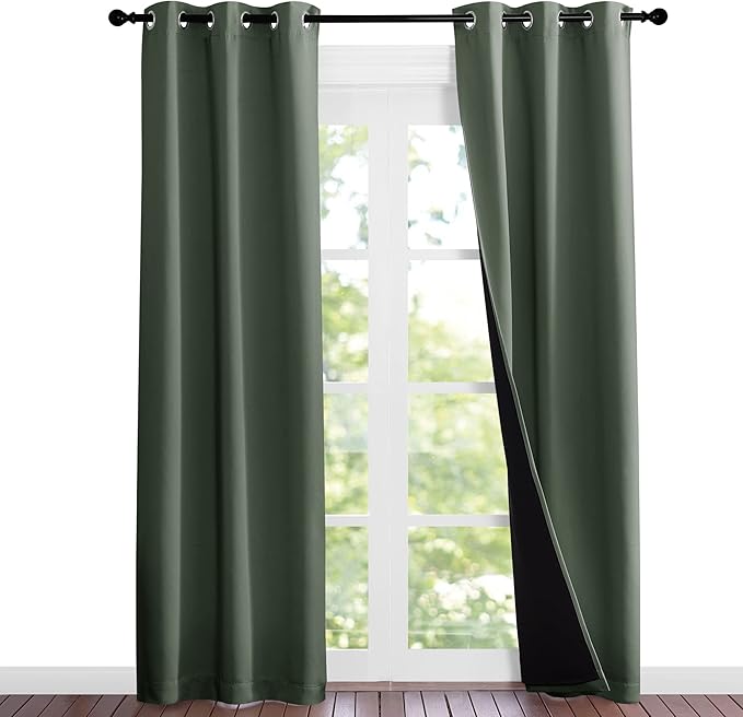 NICETOWN Dark Mallard Blackout Curtains 84 inches Long, Full Light Blocking Drapes with Black Liner for Nursery, Noise Reducing Thermal Insulated Draperies for Doorway (2 Pieces, 37" Wide Each Panel)