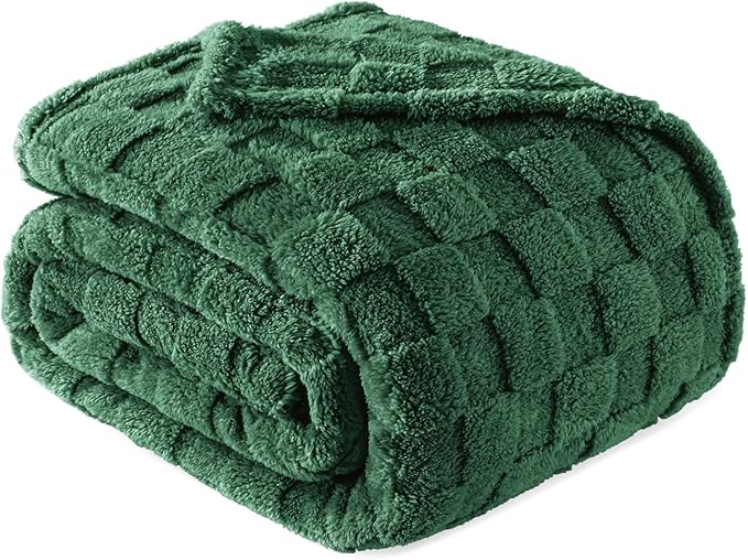 Exclusivo Mezcla Queen Size Flannel Fleece Blanket, Super Soft and Warm Lightweight Checkered Pattern Blankets for All Seasons, 90x90 Inches, Forest Green