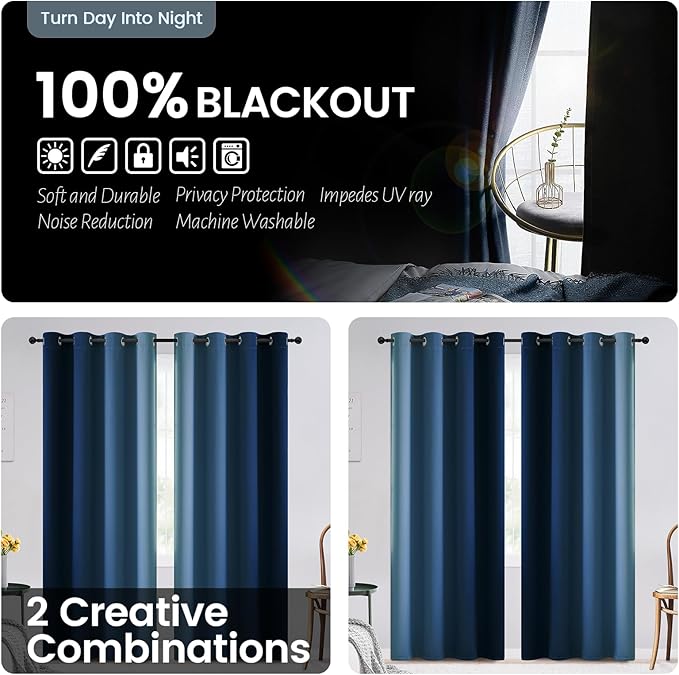 SimpleHome Blue and Greyish White Blackout Curtains for Bedroom 63 Inches Long, Room Darkening Grommet Curtains for Living Room,Thermal Insulated Ombre Drapes,2 Panels, 52x63 inches Length