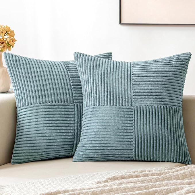 MIULEE Sky Blue Decorative Throw Pillow Covers 16x16 Inch for Couch Bed Sofa Pack of 2 Boho Farmhouse Throw Pillows Soft Cross Corduroy Patchwork Textured Cushion Cases