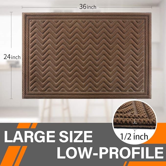 Mibao Front Door Mat, Dirt Trapper Welcome Mat for Outdoor Indoor, Non-Slip Waterproof Doormat, Durable Machine Washable Low Profile Entry Rug for Back Door Outside Patio, 35.5" x 24", Coffee Wave