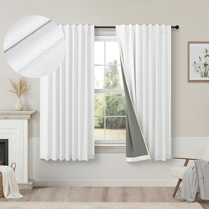 Small Blackout Curtains 45 Inches Long 2 Panels Short Linen Look Heat Blocking Drapes 46 Inch Window Decor for Kitchen Bedroom Bathroom Thermal Insulated White Black Out Curtains 52x45 Length Back Tab