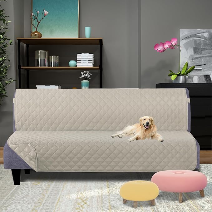 U-NICE HOME Futon Sofa Covers Reversible Sofa Slipcover Armless Cover Furniture Protector Couch Cover Water Resistant (Futon, Beige/Beige)