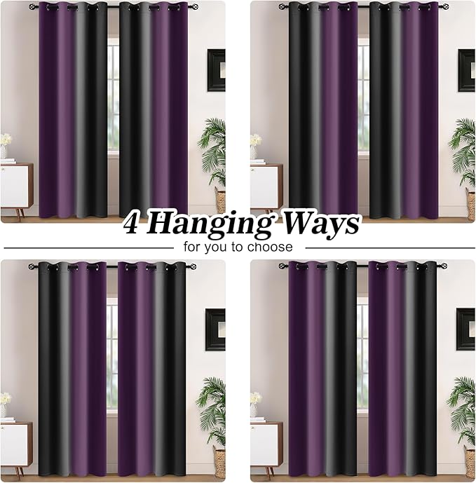 Yakamok Blackout Ombre Purple and Black Curtains for Bedroom, Gradient Room Darkening Curtains, Grommet Thermal Insulated Light Blocking Window Drapes/Curtain for Living Room,52 x 84 Inch,2 Panels