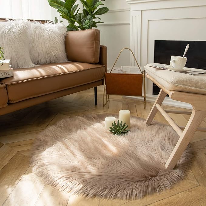 Ashler Faux Fur Rug - Fluffy Shaggy Area Rug, Ultra Soft 3 x 3 Feet Round, Beige Fuzzy Machine Washable Shag, Nursery Decor Throw for Bedroom, Kids Room, Living Room