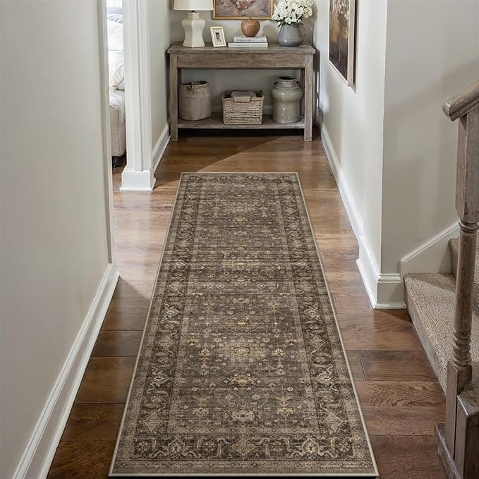 2x6 Washable Runner Rug for Hallway Kitchen Vintage Brown Non Slip Low Pile Carpet Traditional Retro Soft Throw Rug for Bathroom Bedroom Entryway Indoor Entrance