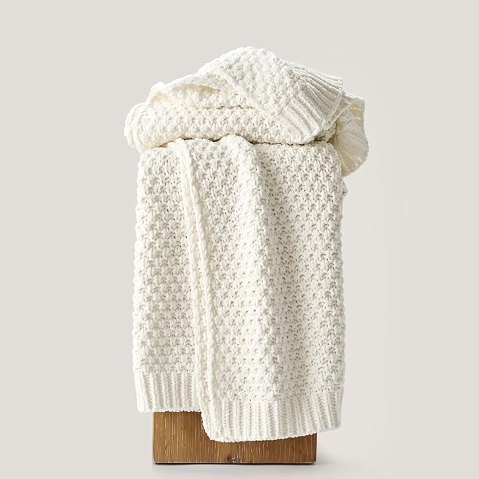 EVERGRACEHOME Chunky Chenille Knit Throw Blanket for Couch, Soft Luxurious Moss Stitch Blankets for Bed, Cozy Decorative Farmhouse Knitted Throws for Sofa, Bright White, 60" x 80"
