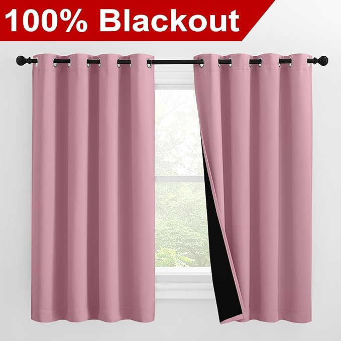 NICETOWN 100% Blackout Curtains with Black Liners, Thermal Insulated Full Blackout 2-Layer Lined Drapes, Noise Cancellation Window Draperies for Dining Room (Crystal Pink, 2 Panels, 55" W by 57" L)