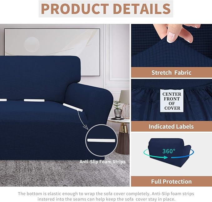 Easy-Going 100% Waterproof Loveseat Couch Cover, Dual Waterproof Sofa Cover, Stretch Jacquard Sofa Slipcover, Leakproof Furniture Protector for Kids, Pets, Dog and Cat (Loveseat, Navy)