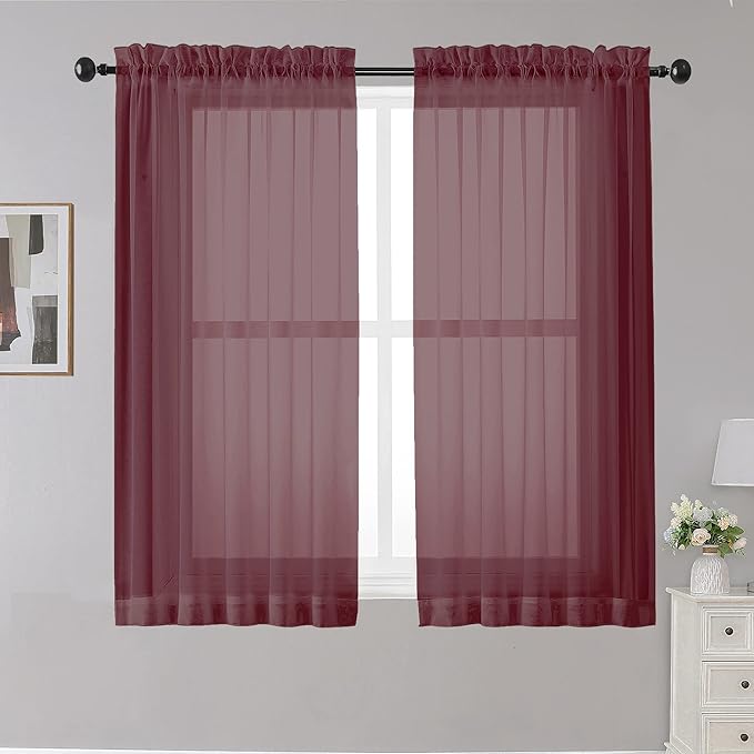 OWENIE Sheer Curtains, 45" Long Light Filtering Tiers for Kitchen, Bedroom, 2 Panels, Cafe Curtains for Small Window, 42" W x 45" L, Burgundy