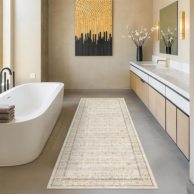 Beige Boho Bathroom Rug 2x7 - Non Slip Washable Floral Runner Rug for Kitchen Floor, Hallway, Farmhouse Entryway Mat with Geometric Pattern, Vintage Low Pile Stain Resistant Carpet