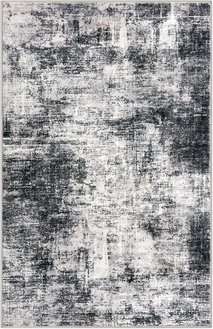 IOHOUZE Abstract Area Rugs 8x10 Ft Washable Large Rugs for Living Room, Non Slip Dining Room Rug, Printed Faux Wool Rugs for Bedroom, Floor Carpet for Office Nursery Playroom, Black Grey