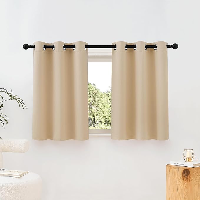 NICETOWN Beige Room Darkening Curtains Blackout 30 inch Curtains for Kitchen, Grommet Solid Window Treatments Sound Reducing for Bedroom, 2 Panels, W37 x L30, 2 Panels