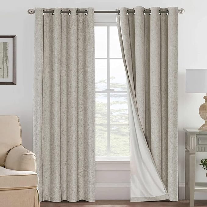 H.VERSAILTEX Linen Curtains 100% Blackout Curtains for Bedroom 102 inch Long Full Light Blocking Nature Linen Blended Window Curtains for Living Room Nickel Grommet (2 Panels, Stone)