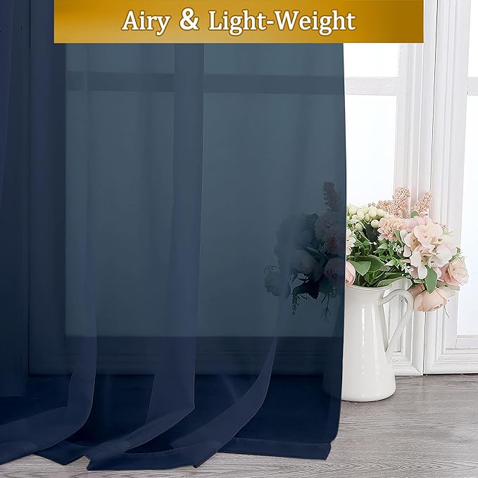 Aiyufeng 2 Piece Dark Blue Extra Long Sheer Curtains 120 Inch Length, Light Filtering Kitchen Curtain for Window, Voile Top Dual Rod Pocket, 2 x 40 W x 120" L