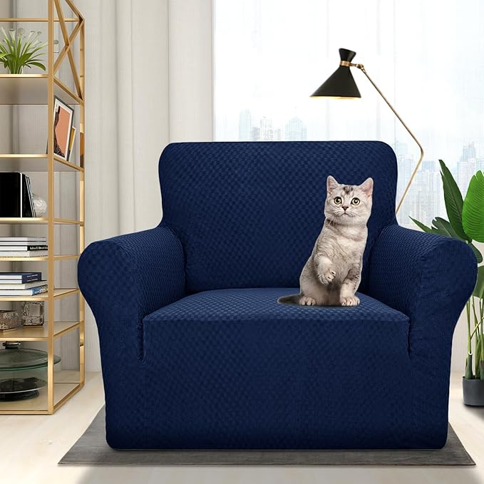 ZNSAYOTX 1 Piece Jacquard Chair Slipcovers for Living Room High Stretch Chair Covers with Arms Anti Slip Pets Friendly Couch Sofa Armchair Cover Furniture Protector (Chair, Navy Blue)
