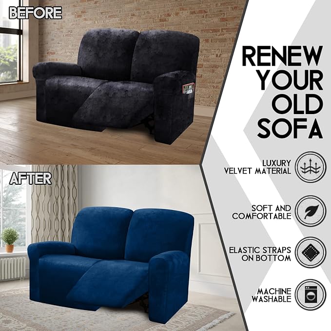 ULTICOR Reclining Love Seat Slipcover, 48" - 65" L, 6-Piece Velvet Stretch Loveseat Recliner Cover, 2 Seat Reclining Sofa Cover, Thick, Soft, Washable, Navy