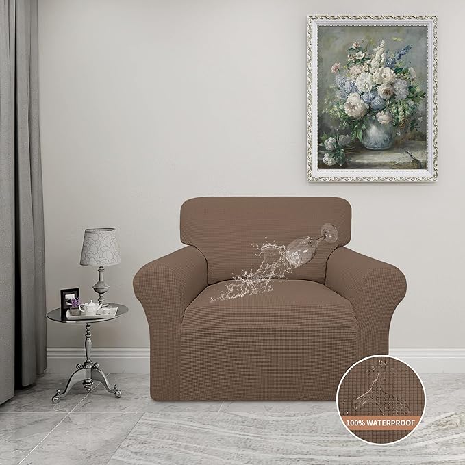 Easy-Going 100% Waterproof Chair Couch Cover, Dual Waterproof Sofa Cover, Stretch Jacquard Sofa Slipcover, Leakproof Furniture Protector for Kids, Pets, Dog and Cat (Chair, Brown)