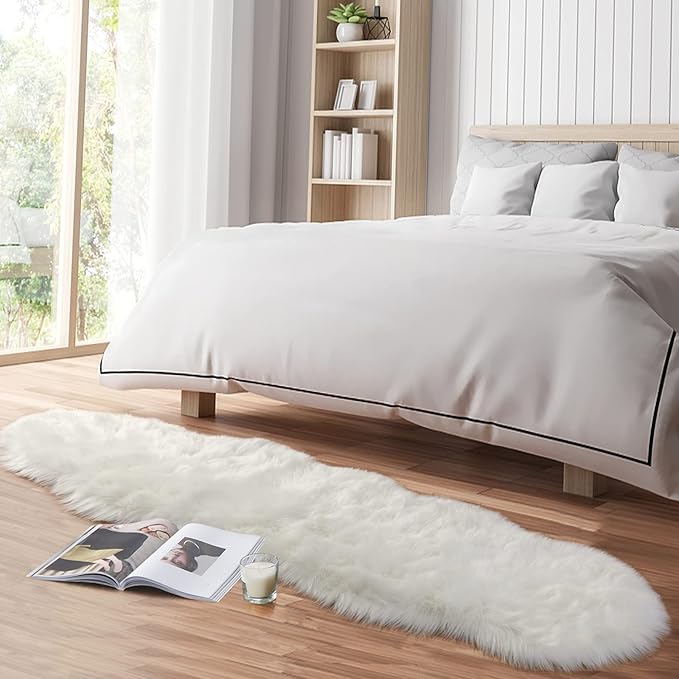 Faux Fur Rug for Bedroom, Fluffy Runner Rugs Soft Sheepskin Rug Sofa Couch Seat Cushion, 2x6ft White Plush Area Rug Shag Rugs Floor Carpets for Nursery Bedside, Cute Shaggy Fuzzy Home Decor