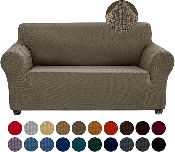 Joccun Stretch Loveseat Couch Cover Slipcover, 1-Piece Sofa Cover for 2 Cushion Couch Spandex Jacquard Washable Furniture Protector Cover for Living Room,Kids,Pets（Loveseat,Fossil）