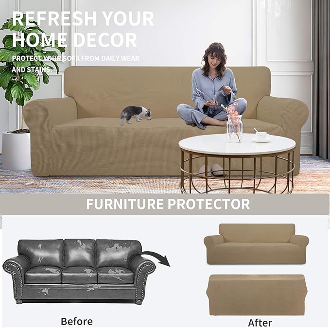Easy-Going Stretch Oversized Sofa Slipcover 1-Piece Sofa Cover Furniture Protector Couch Soft with Elastic Bottom for Kids, Polyester Spandex Jacquard Fabric Small Checks Tan