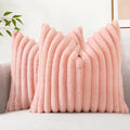 decorUhome Summer Cozy Faux Fur Throw Pillow Covers 16x16 Set of 2 Decorative Plush Striped Modern Farmhouse Boho Couch Pillow Cases with Velvet Back for Sofa Bed Living Room, Blush Pink