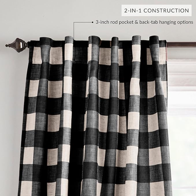 Elrene Home Fashions Farmhouse Living Grainger Buffalo-Check Room Darkening Window Curtain, Living Room and Bedroom Drape with Rod Pocket Tabs, 52" x 108", Black, 1 Panel